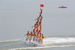 Twelve Skier Pyramid carries China's flag